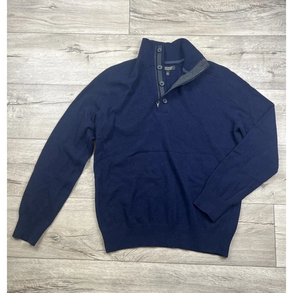 Banana Republic Sweater Men's Large Blue Italian Yarn Merino Wool 1/4 Zip Button